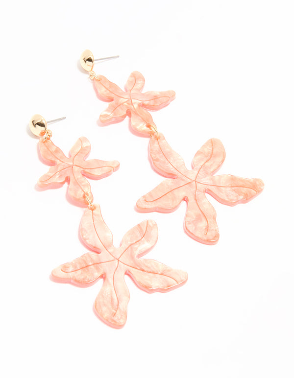 Gold Pink Acrylic Flower Layered Drop Earrings
