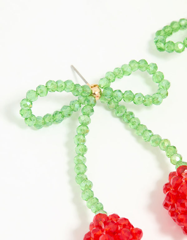 Beaded Red Cherry Bow Drop Earrings