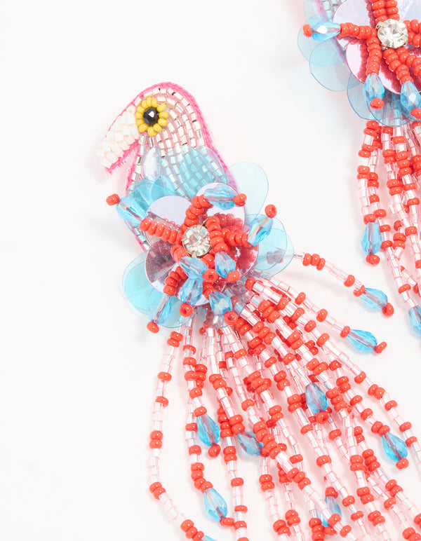 Pink Beaded Flamingo Tail Drop Earrings