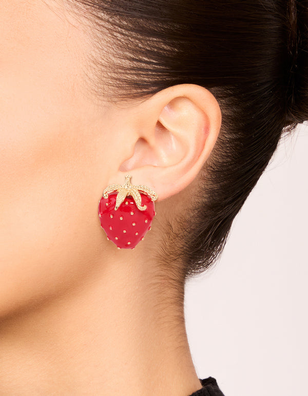 Gold Red Strawberry Stud Earrings