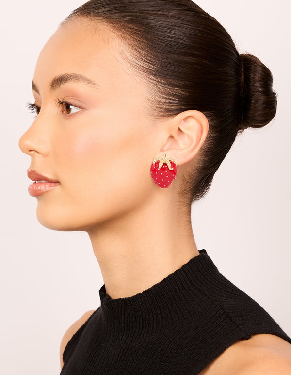 Gold Red Strawberry Stud Earrings