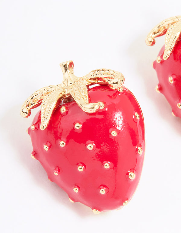 Gold Red Strawberry Stud Earrings