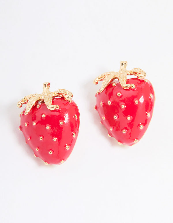 Gold Red Strawberry Stud Earrings