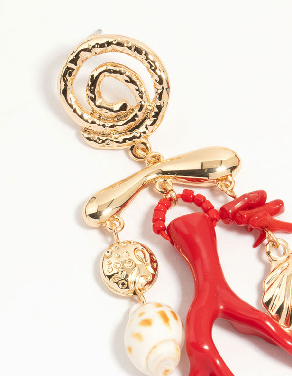 Gold Marble Coral Shell Drop Earrings