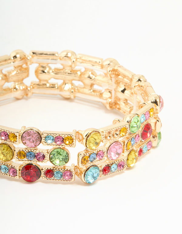 Gold Multicoloured Diamante Circe & Rectangle Stretch Bracelet