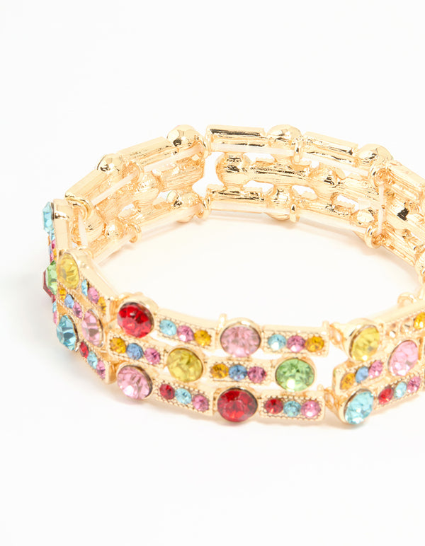 Gold Multicoloured Diamante Circe & Rectangle Stretch Bracelet
