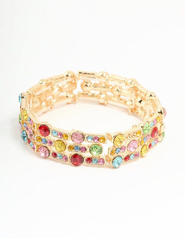 Gold Multicoloured Diamante Circe & Rectangle Stretch Bracelet