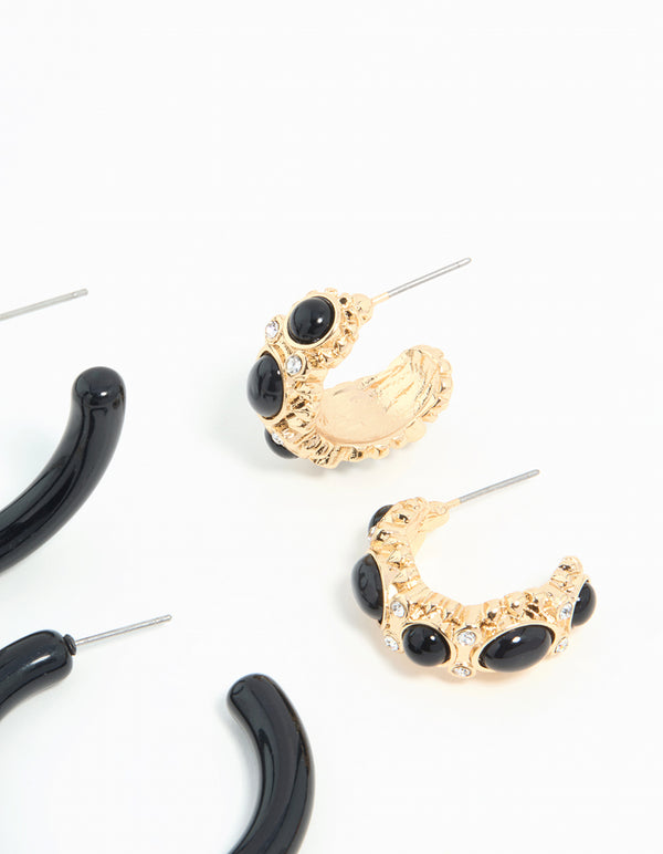 Gold & Dark Blue Pearl Drop Hoop Earrings 3-Pack
