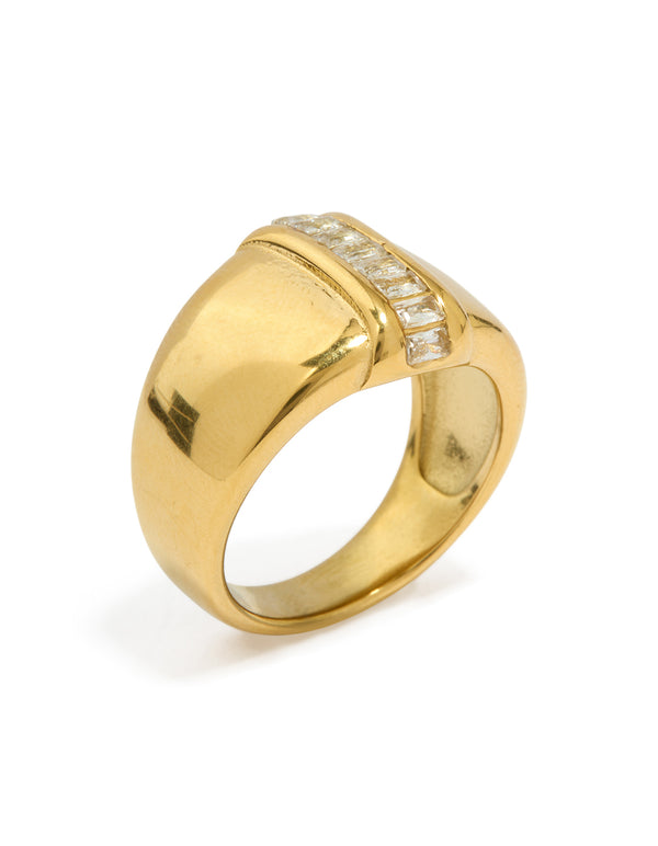 Waterproof Gold Plated Stainless Steel Cubic Zirconia Statement Ring