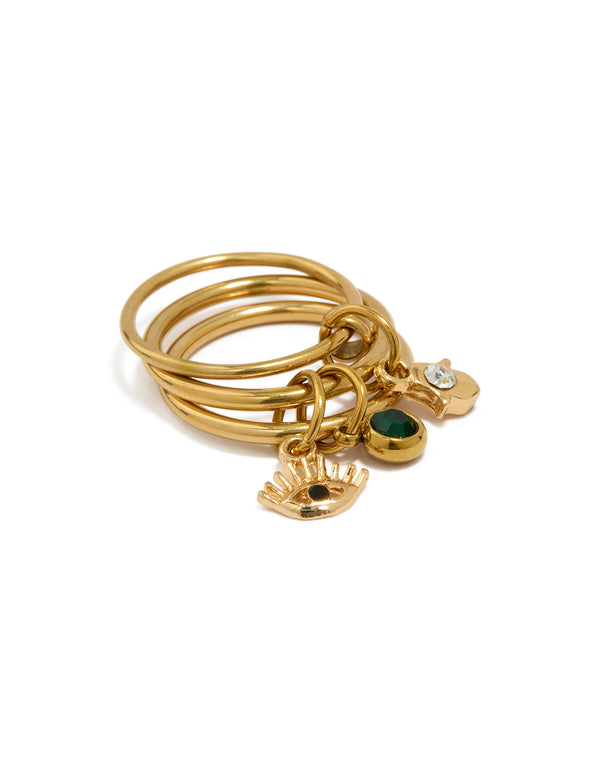 Waterproof Gold Plated Stainless Steel Evil Eye Charm Stacked Ring