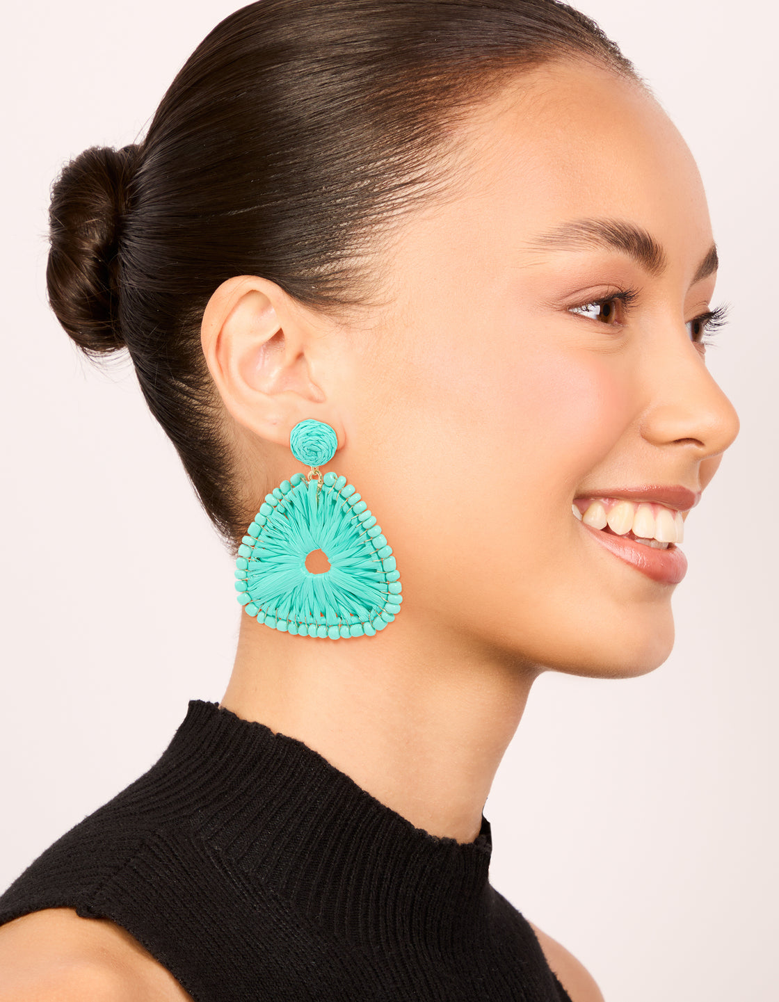Gold Aqua Blue Raffia Triangular Drop Earrings