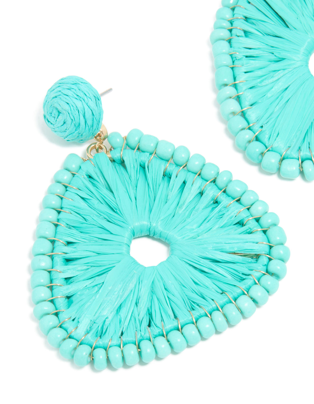 Gold Aqua Blue Raffia Triangular Drop Earrings