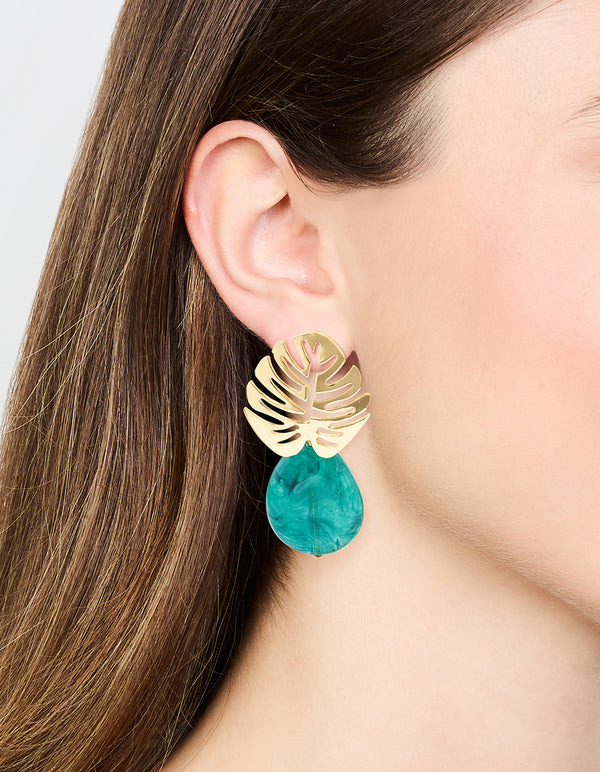 Gold Blue Stone Leaf Drop Earrings