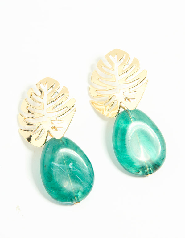 Gold Blue Stone Leaf Drop Earrings
