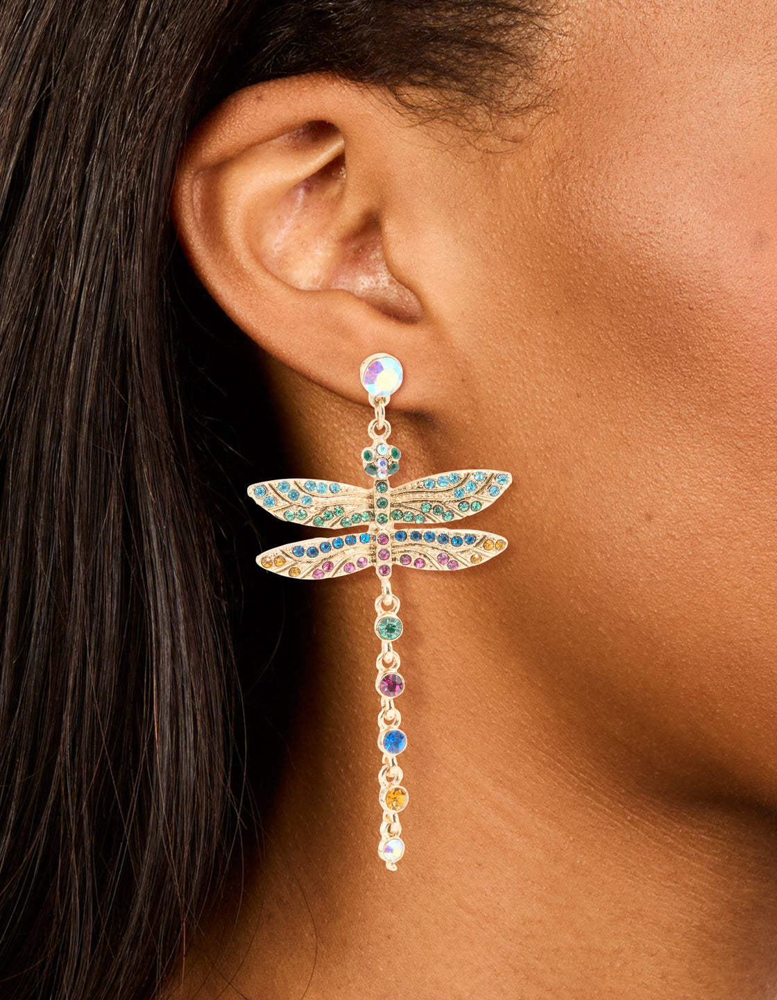 Gold Multicoloured Diamante Dragonfly Drop Earrings