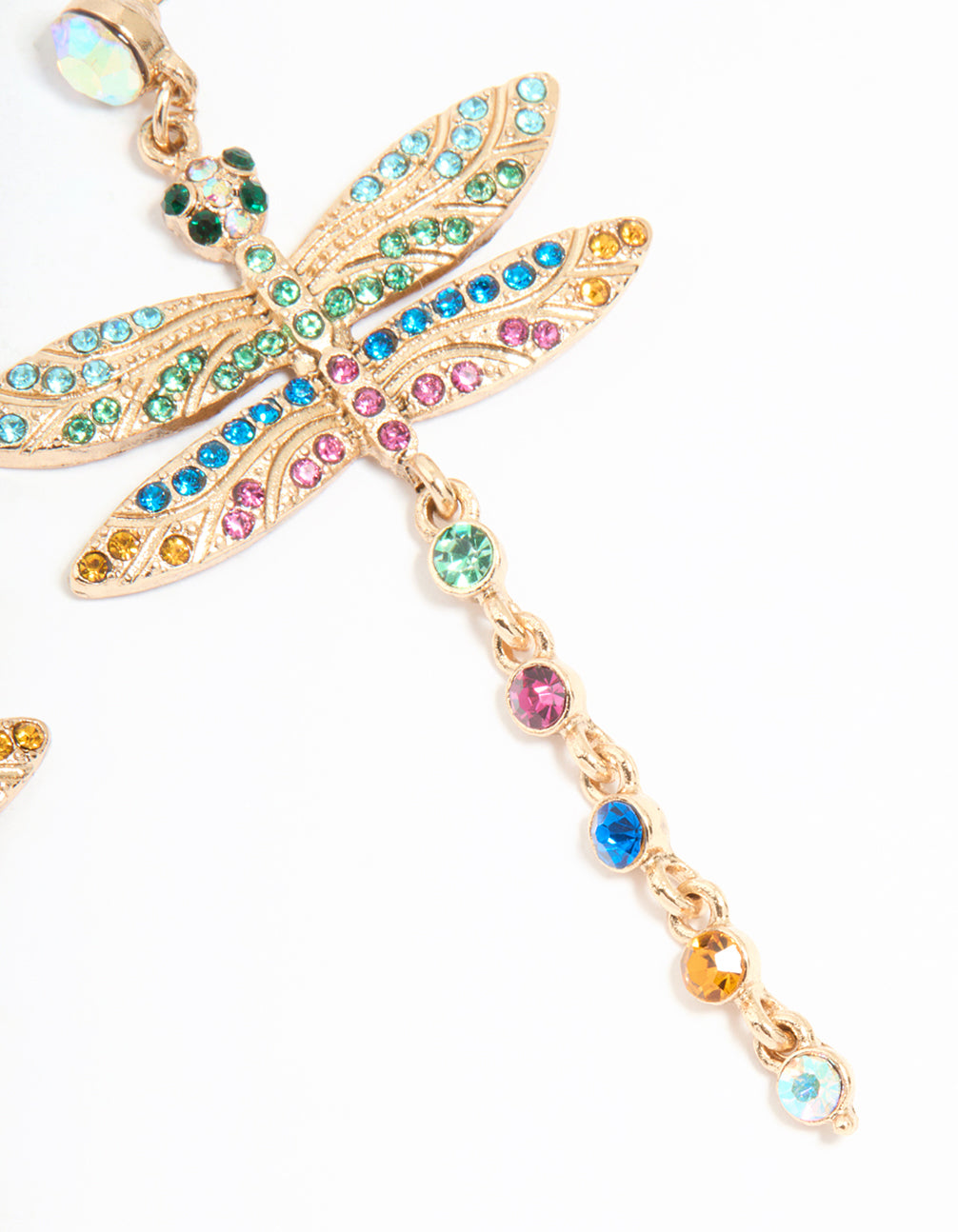 Gold Multicoloured Diamante Dragonfly Drop Earrings