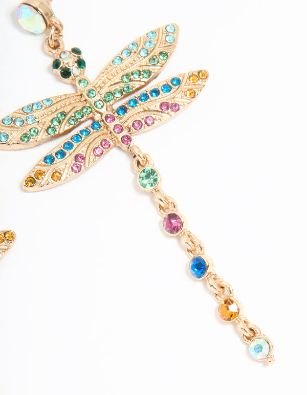 Gold Multicoloured Diamante Dragonfly Drop Earrings