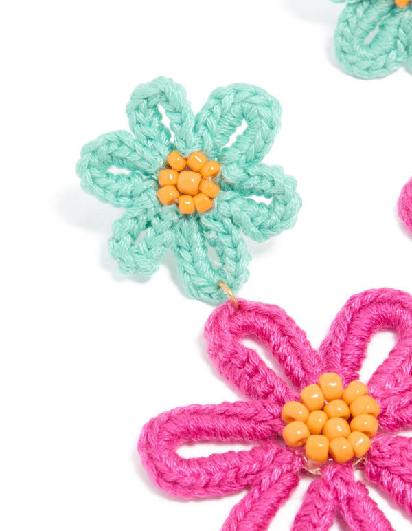 Gold Double Blue & Pink Statement Flower Drop Earrings