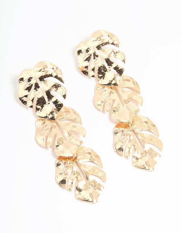 Gold Molten Leaf Drop Earrings