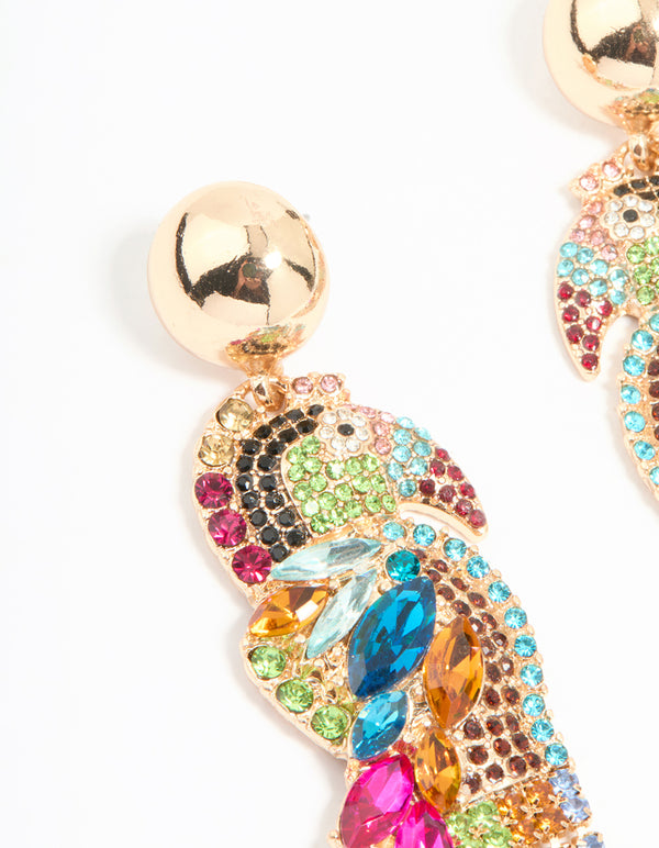 Gold Multicoloured Diamante Parrot Drop Earrings