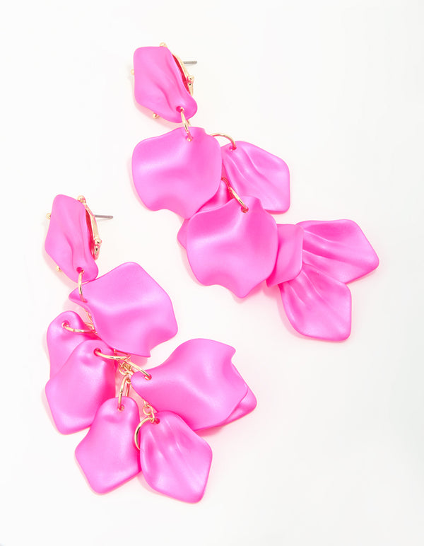 Gold Fuschia Pearlised Petal Drop Earrings