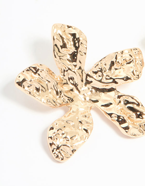 Gold Textured Flower Large Stud Earrings