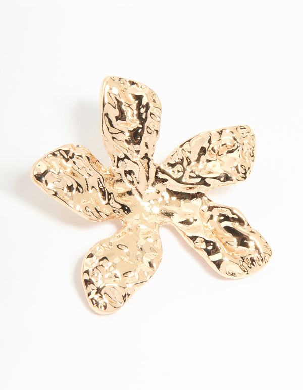 Gold Textured Flower Large Stud Earrings
