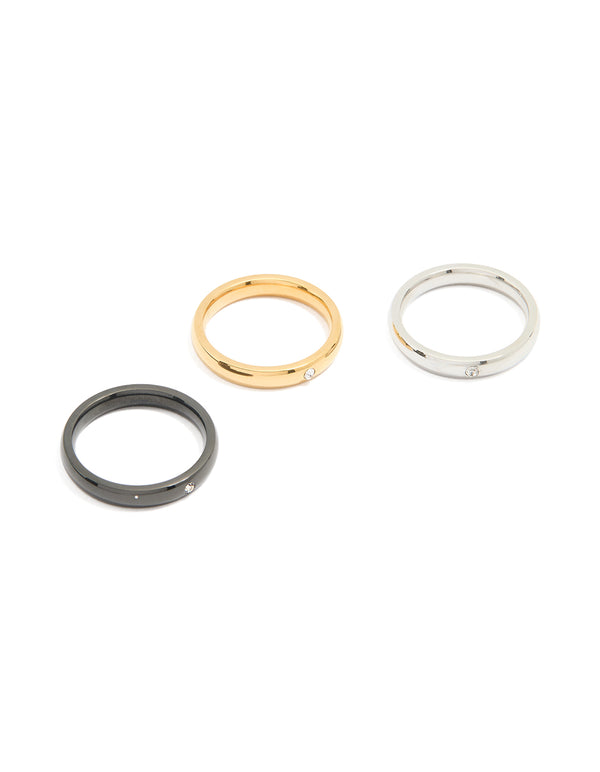 Waterproof Gold Plated Stainless Steel Mixed Metal Rings 3-Pack