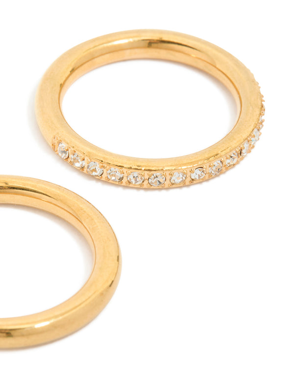 Presenting waterproof gold plated triple band stacking rings in a 3-pack close up view