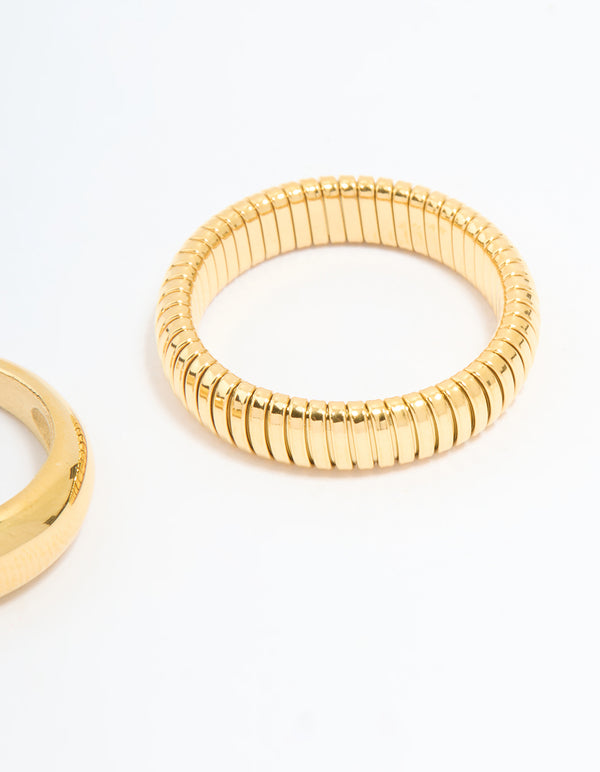 Waterproof Gold Plated Stainless Steel Ridge & Smooth Rings 2-Pack
