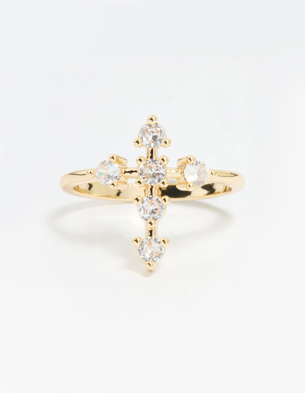Gold Plated Cubic Zirconia Cross Ring