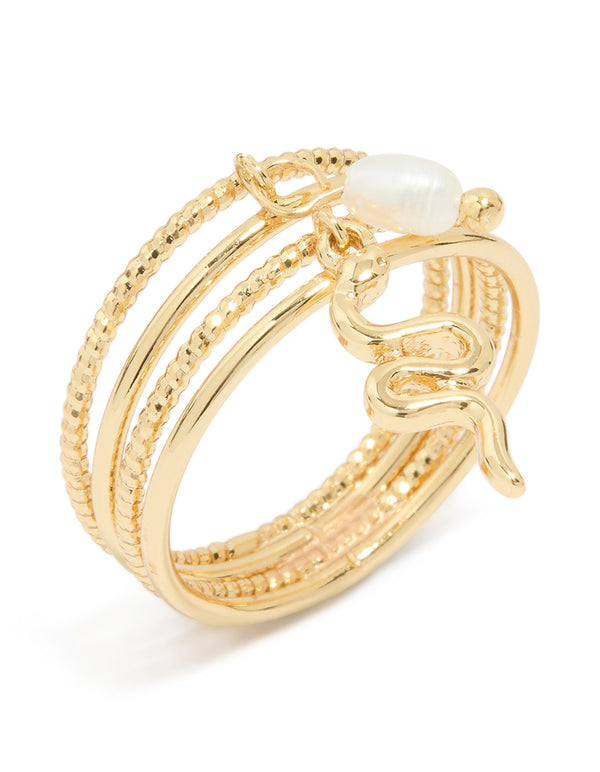 Gold Plated Pearl Snake Layered Ring