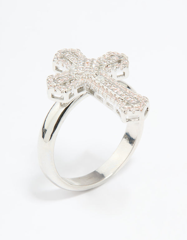 Silver Plated Cubic Zirconia Statement Cross Ring