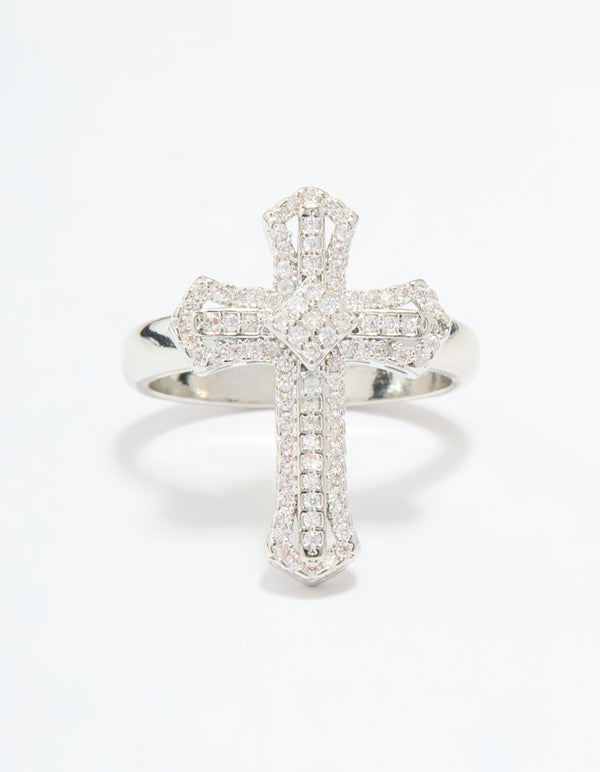 Silver Plated Cubic Zirconia Statement Cross Ring
