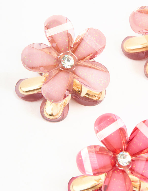 Gold Diamante Pink & Cream Mini Flower Claw Clips 6-Pack