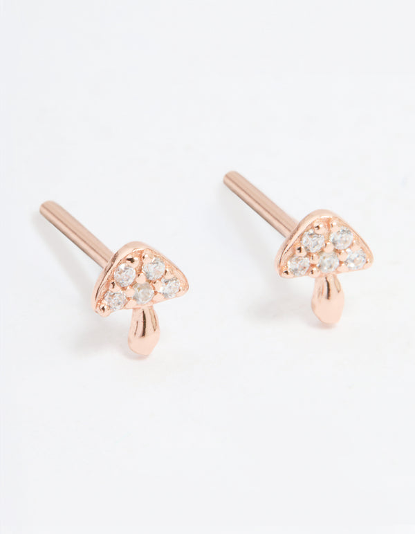 Rose Gold Plated Sterling Silver Cubic Zirconia Tiny Mushroom Stud Earrings