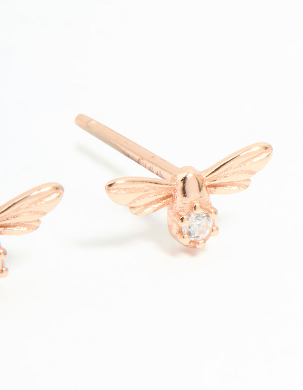 Rose Gold Plated Sterling Silver Cubic Zirconia Bee Stud Earrings