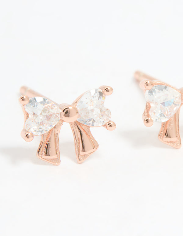 Rose Gold Plated Sterling Silver Cubic Zirconia Bow Stud Earrings