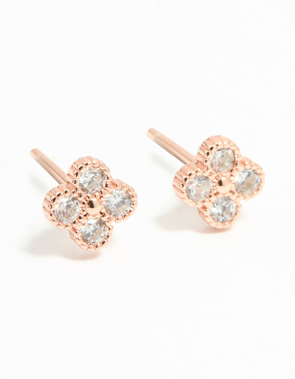 Rose Gold Plated Sterling Silver Cubic Zirconia Flower Stud Earrings