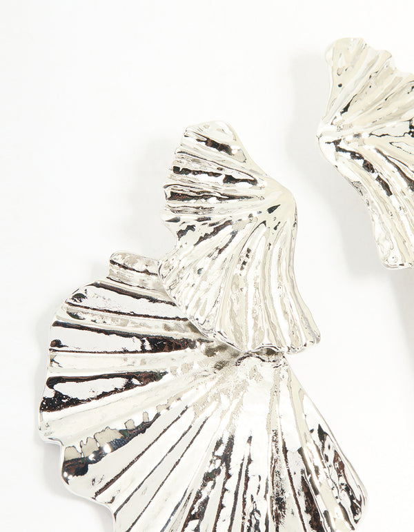 Silver Textured Metal Fan Drop Earrings