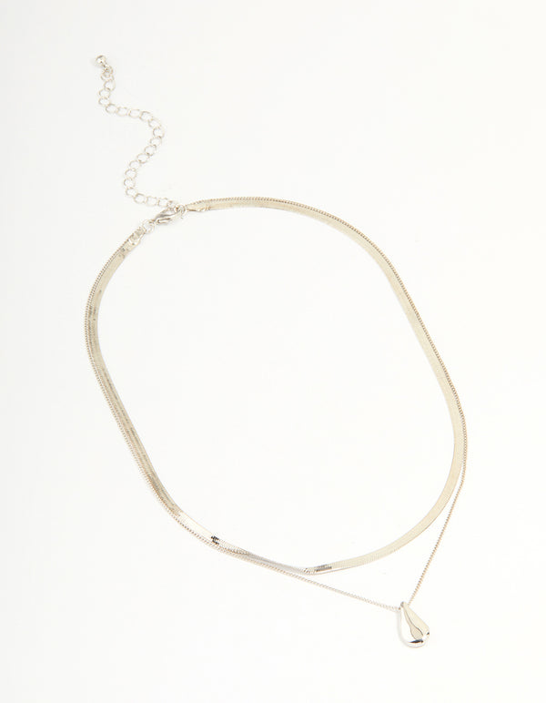 Silver Snake Chain & Organic Pendant Double Layered Necklace