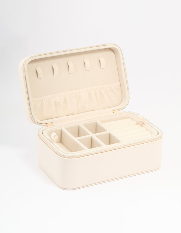 Cream PU Leather Rectangular Layered Jewellery Case
