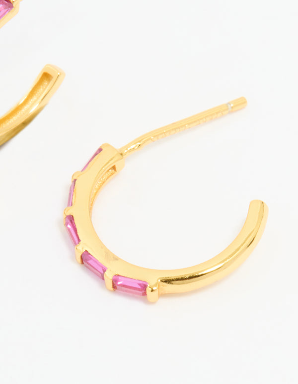 Gold Plated Sterling Silver Pink Cubic Zirconia Hoop Earrings
