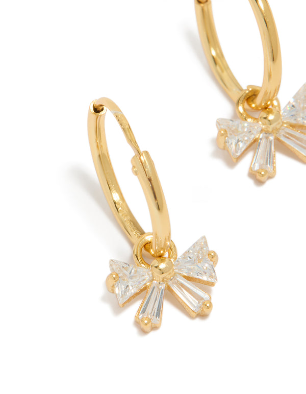 Gold Plated Sterling Silver Cubic Zirconia Bow Huggie Earrings