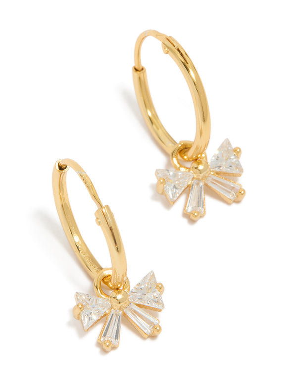 Gold Plated Sterling Silver Cubic Zirconia Bow Huggie Earrings