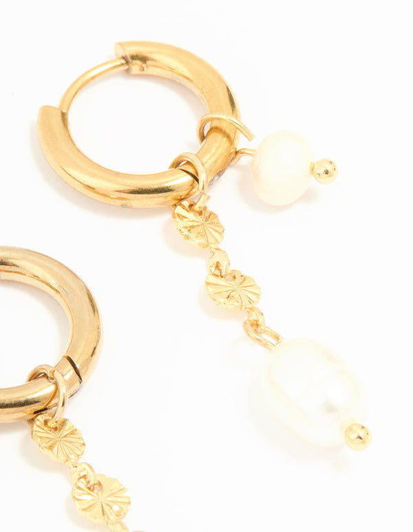 Waterproof Gold Plated Stainless Steel Chain Freshwater Pearl Drop Huggie Earrings