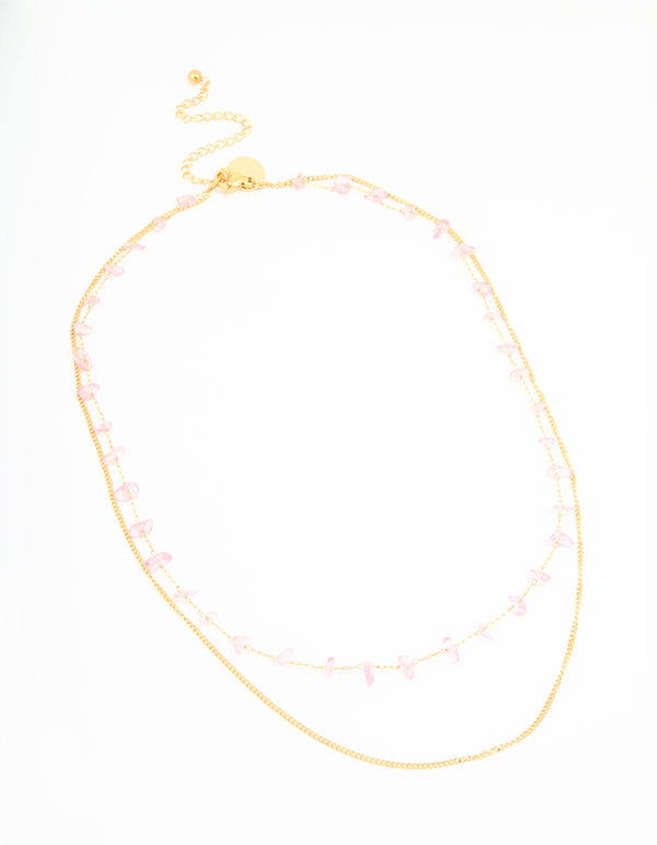 Waterproof Gold Plated Stainless Steel Pink Semiprecious Stone & Chain Layered Necklace