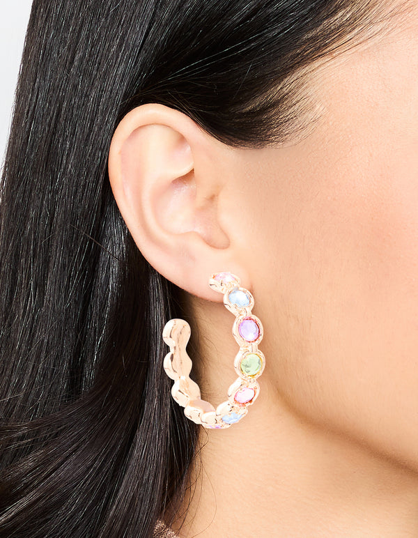 Gold Multicoloured Diamante Hoop Earrings