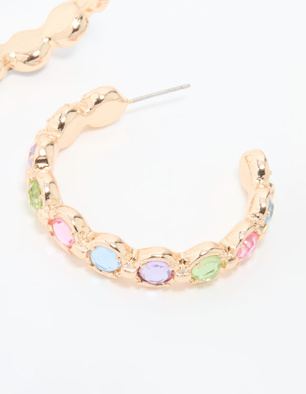 Gold Multicoloured Diamante Hoop Earrings