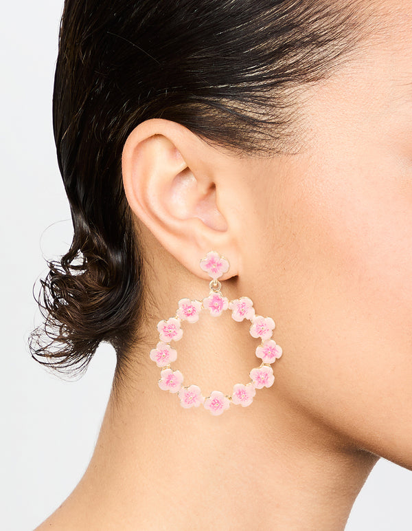 Gold Pink Flower Drop Earrings